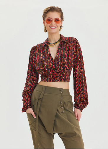 Patterned Shirt Collar Long Sleeve Red Crop Blouse 4431